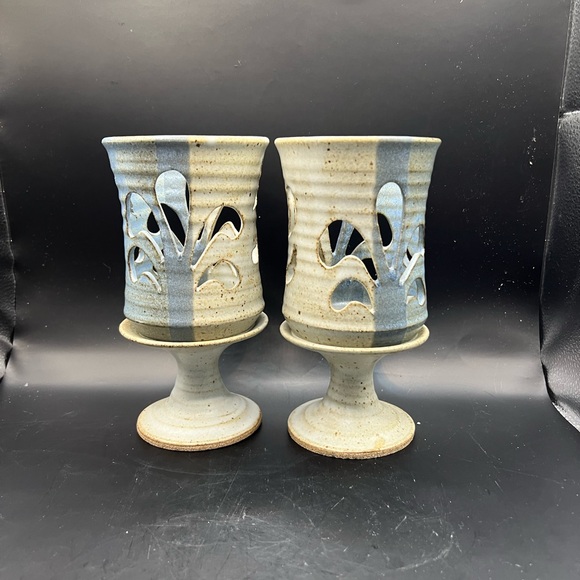 2 MCM Studio Art Pottery Candle Holder Cut Out Pedestal Blue Set Of 2 signed - Picture 9 of 11